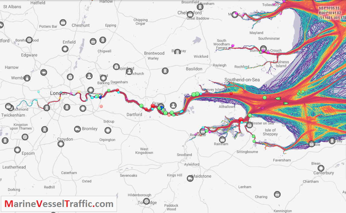 Live Marine Traffic, Density Map and Current Position of ships in THAMES RIVER